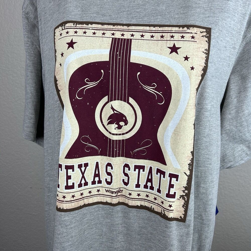Wrangler Unisex ATM Texas State University Bobcats T-shirt Gray Guitar Size XXL - Picture 2 of 9